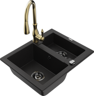 Mexen Carlos granite sink 1.5-bowl with Savita kitchen faucet, black - 6518-77-672601-50-B