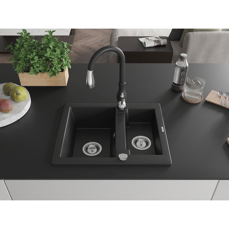 Mexen Carlos granite sink 1.5-bowl with Savita kitchen tap, black - 6518-77-672601-70