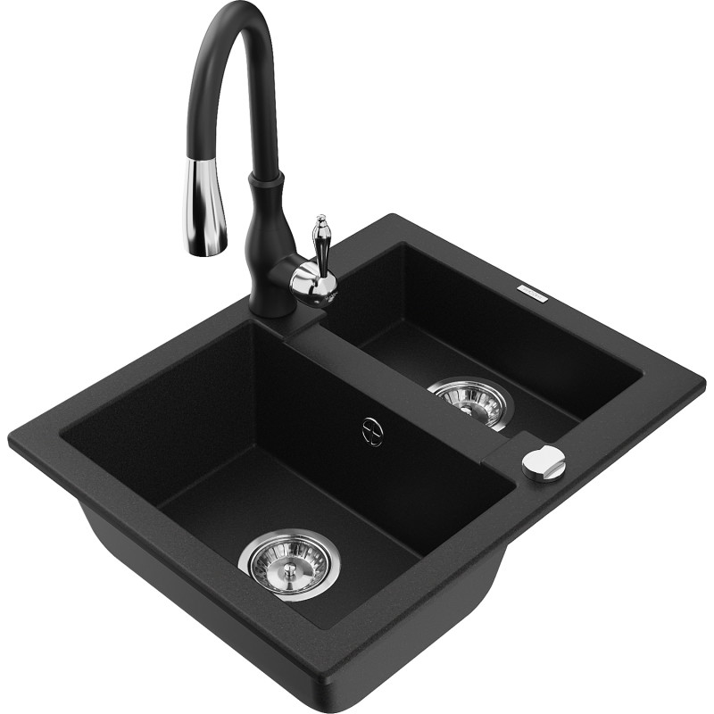 Mexen Carlos granite kitchen sink 1.5-bowl with Savita kitchen faucet, black - 6518-77-672601-70
