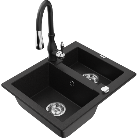 Mexen Carlos 1.5-bowl granite sink with Savita kitchen faucet, black - 6518-77-672601-70