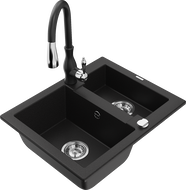 Mexen Carlos granite kitchen sink 1.5-bowl with Savita kitchen faucet, black - 6518-77-672601-70