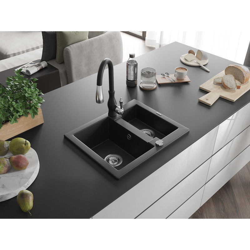 Mexen Carlos granite sink 1.5-bowl with Savita kitchen tap, black - 6518-77-672601-70