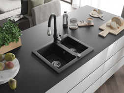 Mexen Carlos granite kitchen sink 1.5-bowl with Savita kitchen faucet, black - 6518-77-672601-70