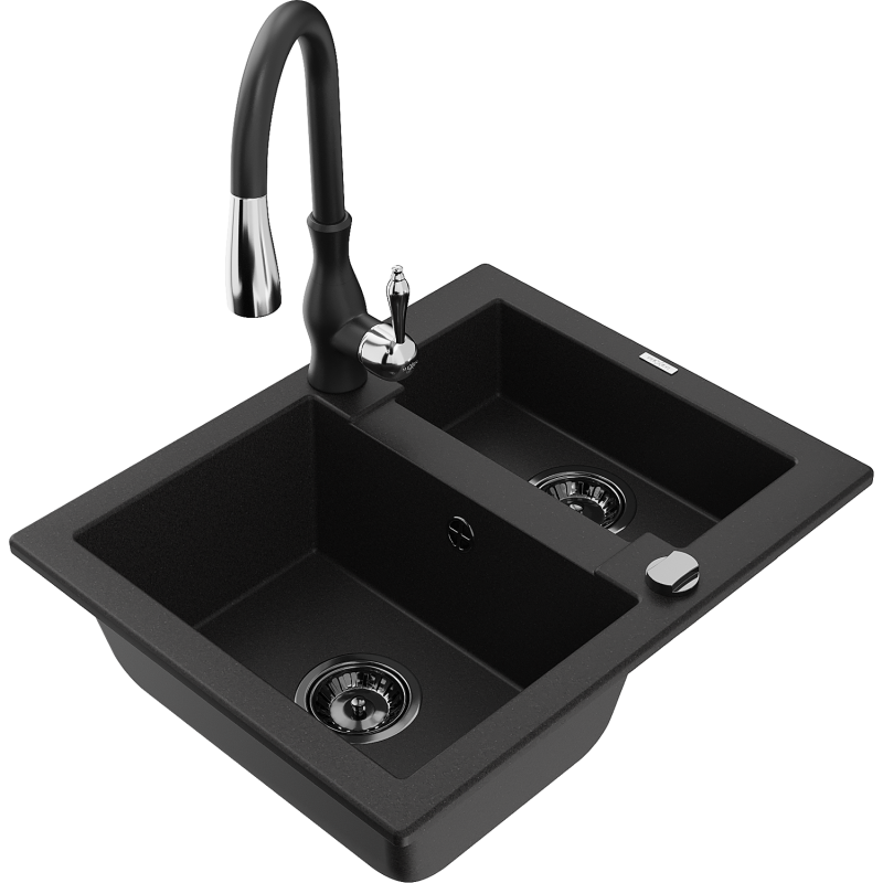 Mexen Carlos 1,5-compartment granite sink with a kitchen mixer tap Savita, Black - 6518-77-672601-70-B