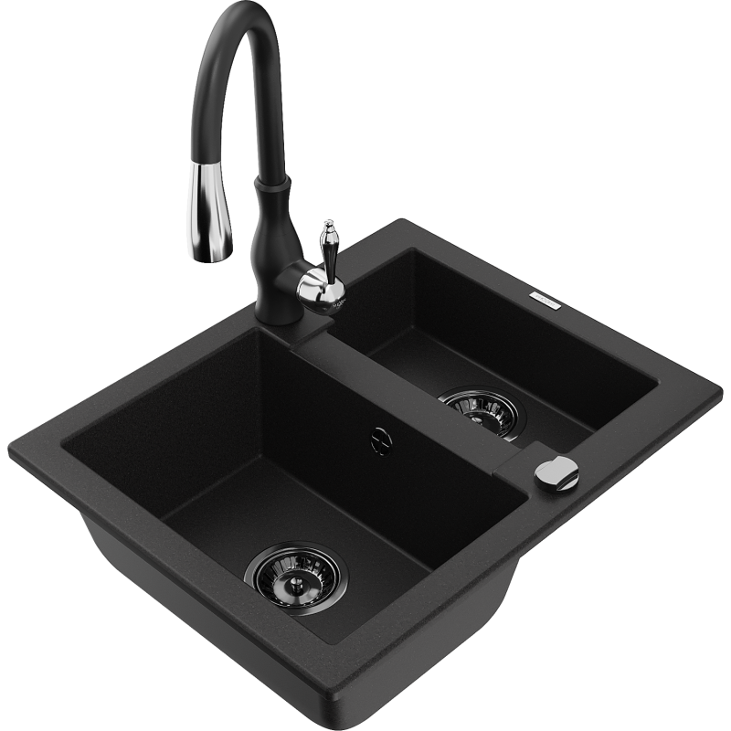 Mexen Carlos granite sink 1.5-bowl with Savita kitchen tap, black - 6518-77-672601-70-B