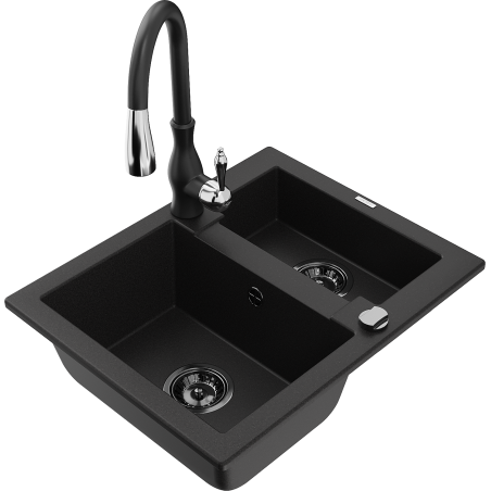Mexen Carlos 1,5-compartment granite sink with a kitchen mixer tap Savita, Black - 6518-77-672601-70-B