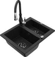 Mexen Carlos granite sink 1.5-bowl with Savita kitchen faucet, black - 6518-77-672601-70-B