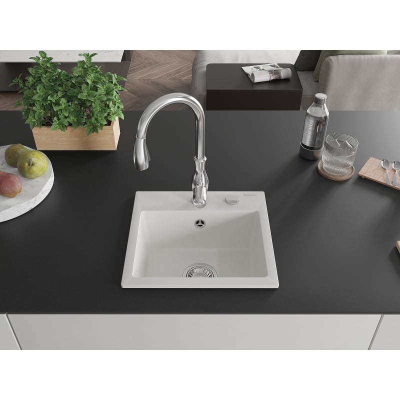 Mexen Milo granite kitchen sink 1-bowl with Savita kitchen faucet, white - 6505-20-672601-00