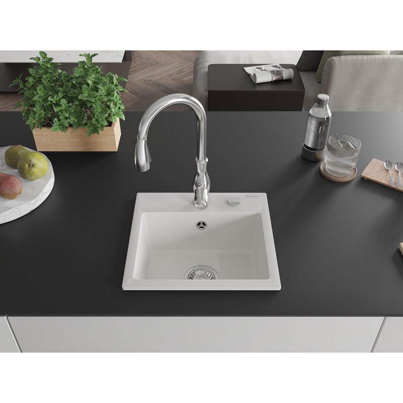 Mexen Milo granite single-bowl kitchen sink with Savita kitchen faucet, white - 6505-20-672601-00
