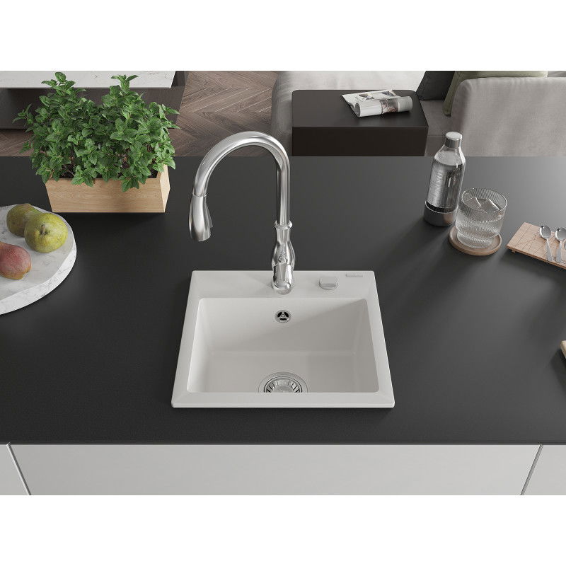 Mexen Milo granite sink single bowl with Savita kitchen tap, white - 6505-20-672601-00