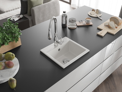 Mexen Milo 1-compartment granite sink with a kitchen mixer tap Savita, White - 6505-20-672601-00
