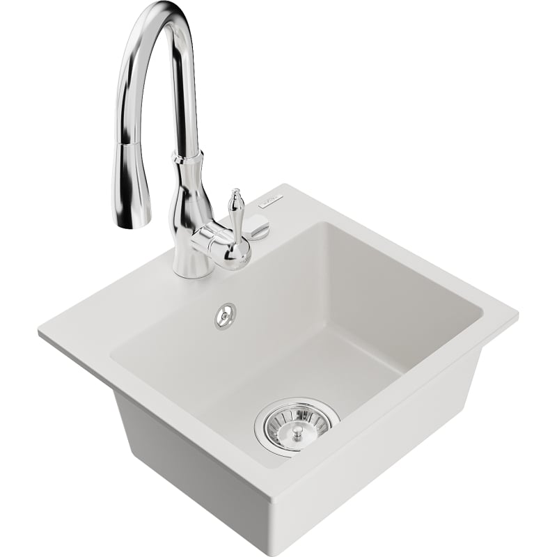 Mexen Milo granite kitchen sink 1-bowl with Savita kitchen faucet, white - 6505-20-672601-00