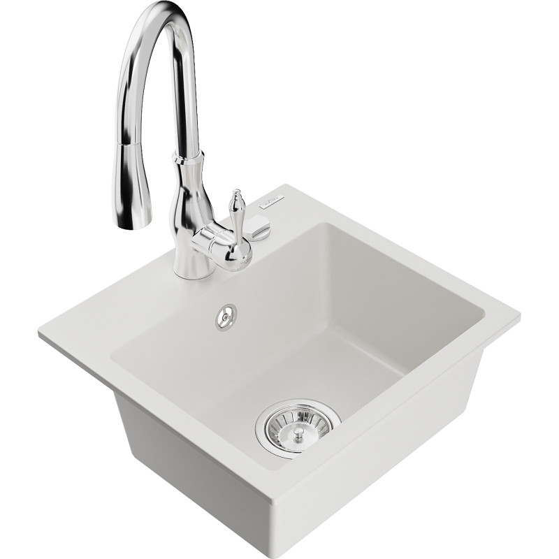 Mexen Milo granite single-bowl kitchen sink with Savita kitchen faucet, white - 6505-20-672601-00