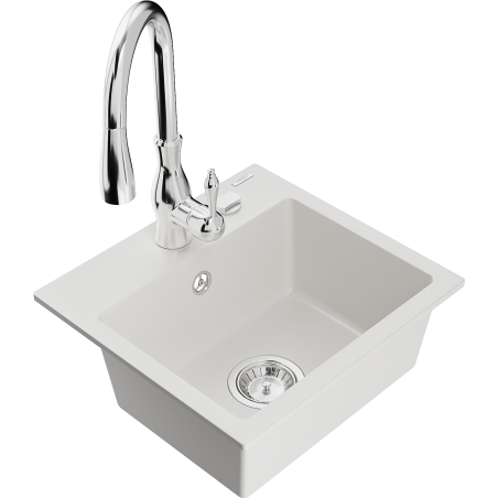 Mexen Milo granite sink single bowl with Savita kitchen tap, white - 6505-20-672601-00