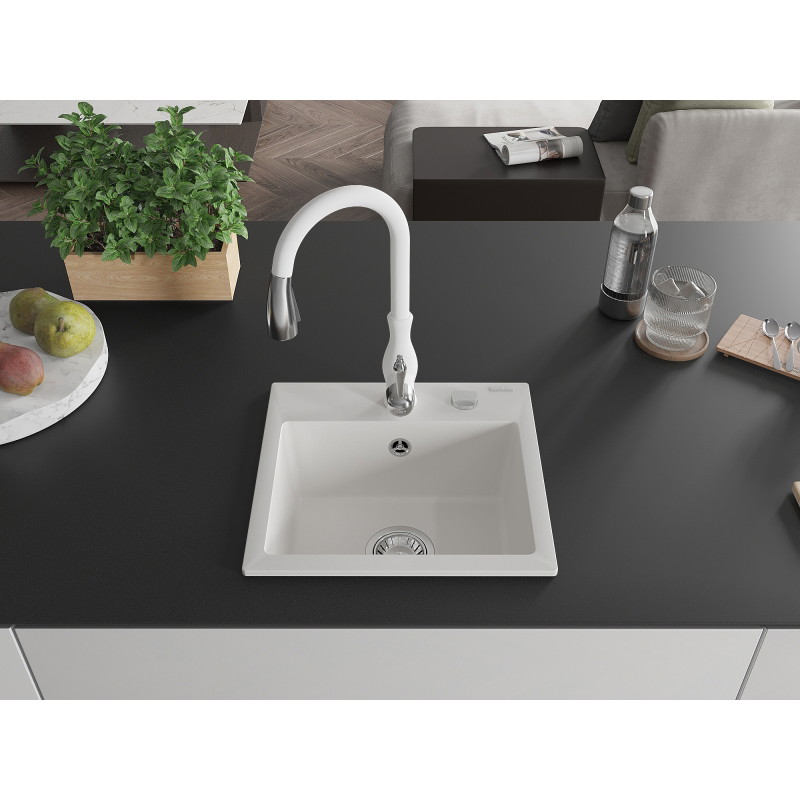 Mexen Milo 1-bowl granite sink with Savita kitchen faucet, white - 6505-20-672601-20
