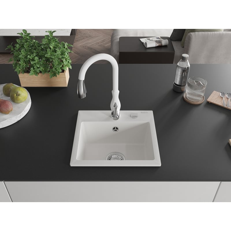 Mexen Milo granite kitchen sink 1-bowl with Savita kitchen faucet, white - 6505-20-672601-20