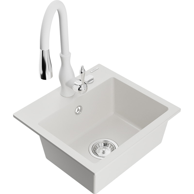 Mexen Milo 1-bowl granite sink with Savita kitchen faucet, white - 6505-20-672601-20
