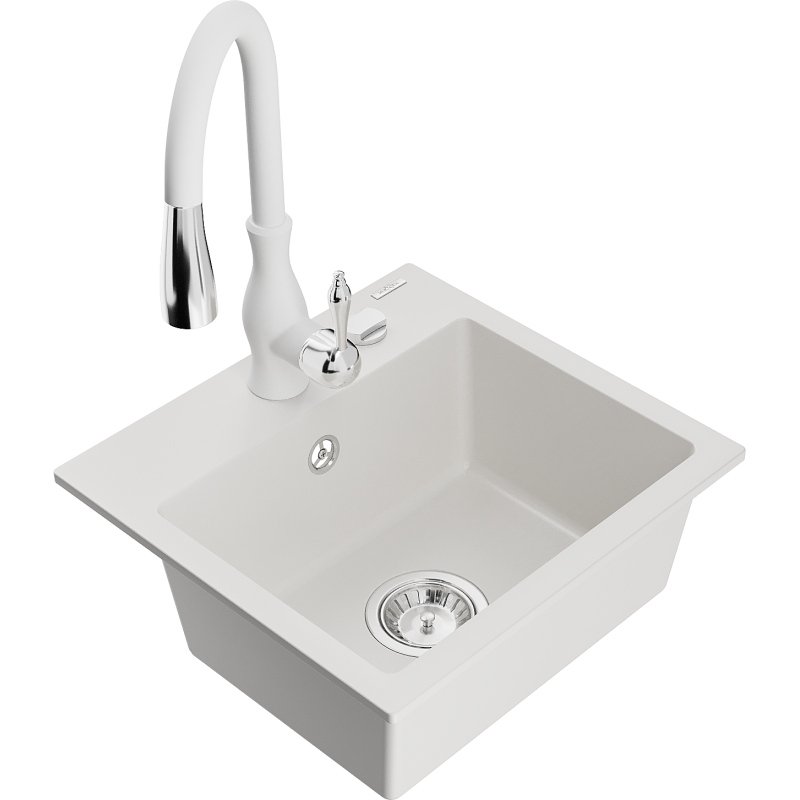 Mexen Milo 1-compartment granite sink with a kitchen mixer tap Savita, White - 6505-20-672601-20