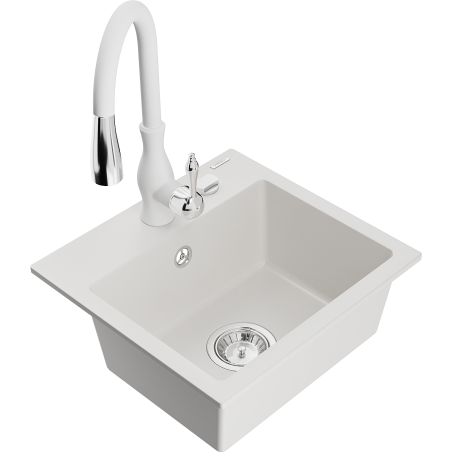 Mexen Milo 1-bowl granite sink with Savita kitchen faucet, white - 6505-20-672601-20