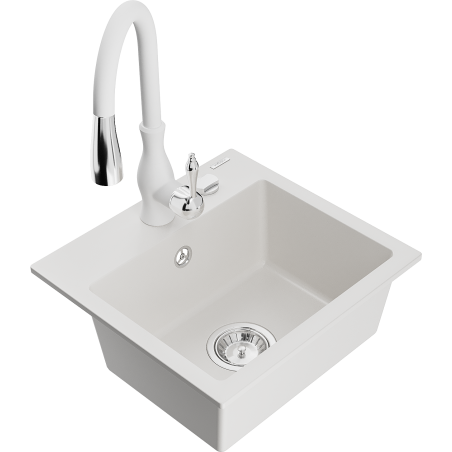 Mexen Milo granite kitchen sink 1-bowl with Savita kitchen faucet, white - 6505-20-672601-20