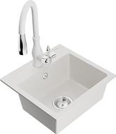 Mexen Milo 1-compartment granite sink with a kitchen mixer tap Savita, White - 6505-20-672601-20