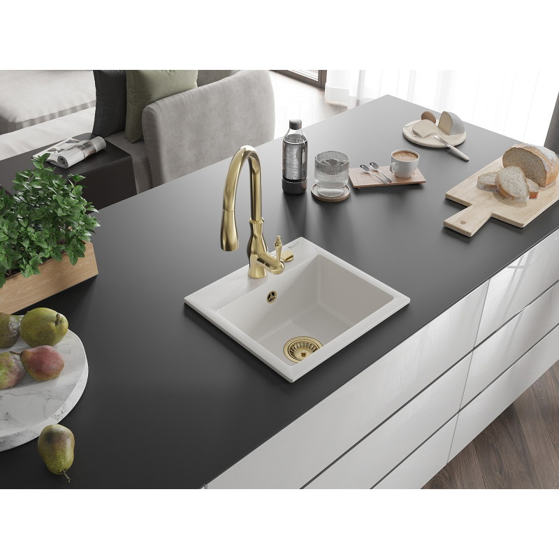 Mexen Milo 1-Bowl Granite Sink with Savita Kitchen Faucet, White - 6505-20-672601-50