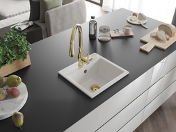 Mexen Milo 1-compartment granite sink with a kitchen mixer tap Savita, White - 6505-20-672601-50