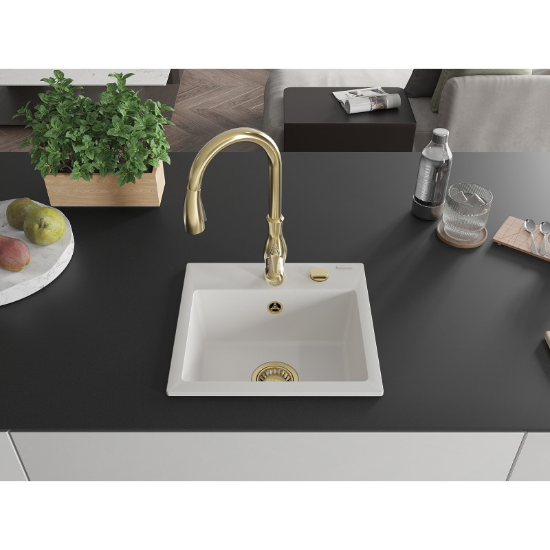 Mexen Milo 1-bowl granite kitchen sink with Savita kitchen faucet, white - 6505-20-672601-50