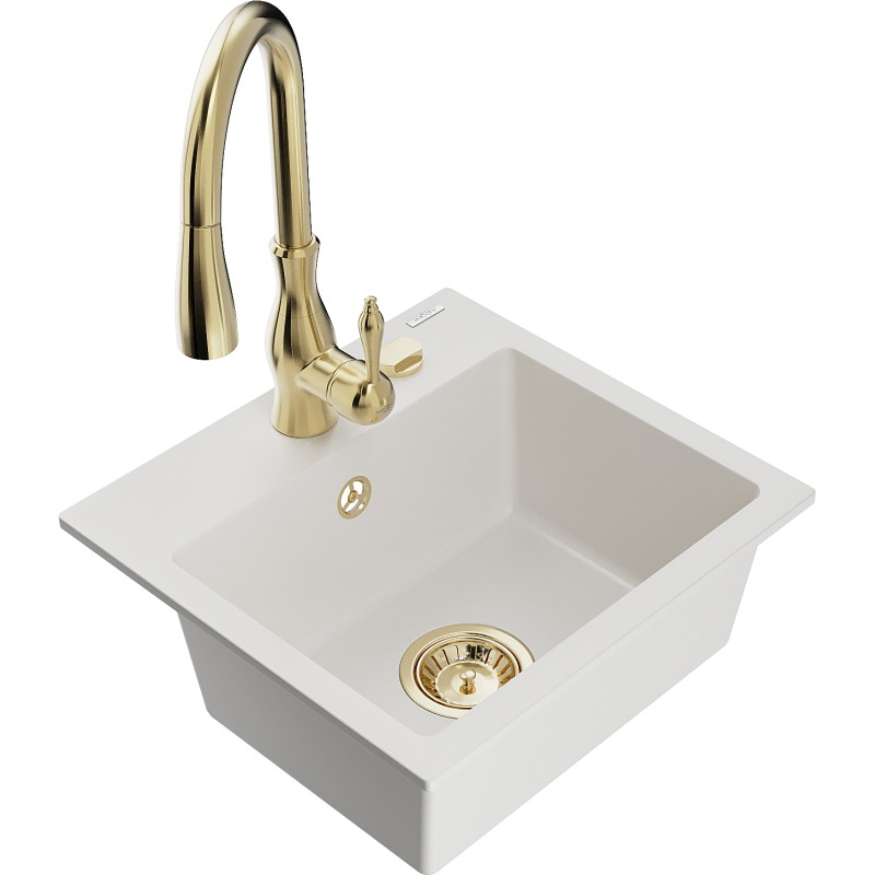 Mexen Milo 1-Bowl Granite Sink with Savita Kitchen Faucet, White - 6505-20-672601-50