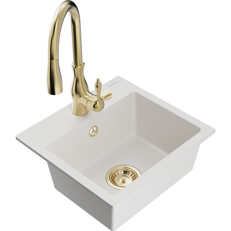 Mexen Milo 1-compartment granite sink with a kitchen mixer tap Savita, White - 6505-20-672601-50