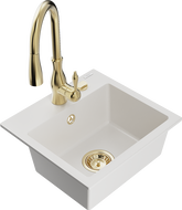 Mexen Milo 1-compartment granite sink with a kitchen mixer tap Savita, White - 6505-20-672601-50