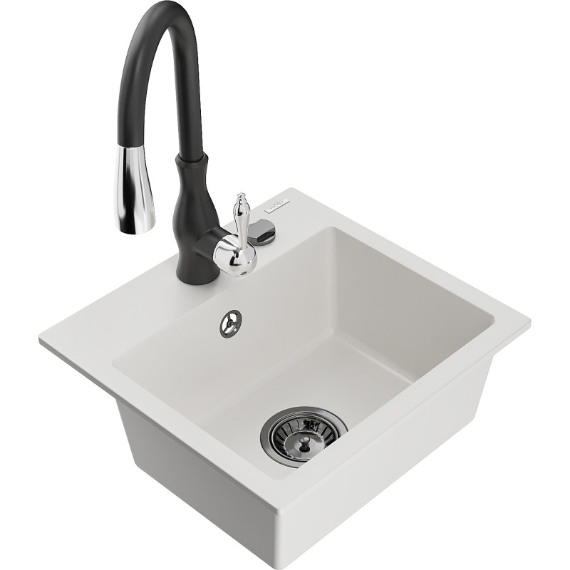 Mexen Milo 1-bowl granite sink with Savita kitchen faucet, white - 6505-20-672601-70