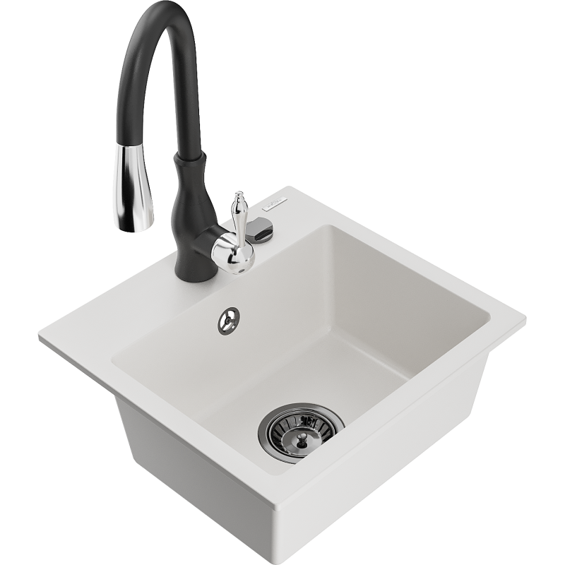 Mexen Milo 1-bowl granite sink with Savita kitchen tap, white - 6505-20-672601-70
