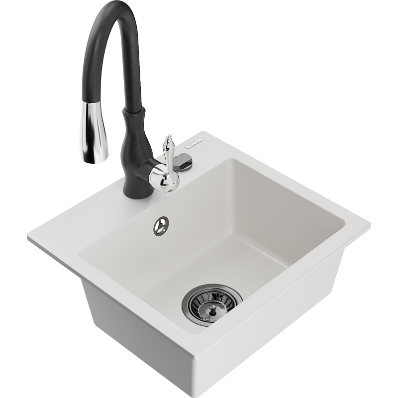 Mexen Milo 1-compartment granite sink with a kitchen mixer tap Savita, White - 6505-20-672601-70