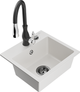 Mexen Milo 1-compartment granite sink with a kitchen mixer tap Savita, White - 6505-20-672601-70