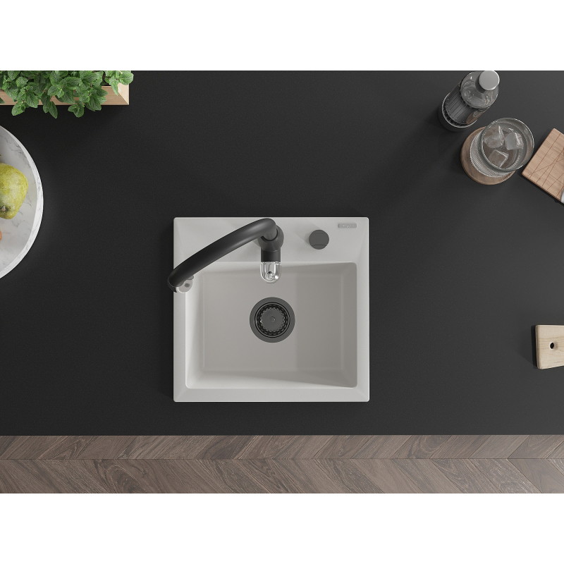 Mexen Milo 1-bowl granite sink with Savita kitchen faucet, white - 6505-20-672601-70