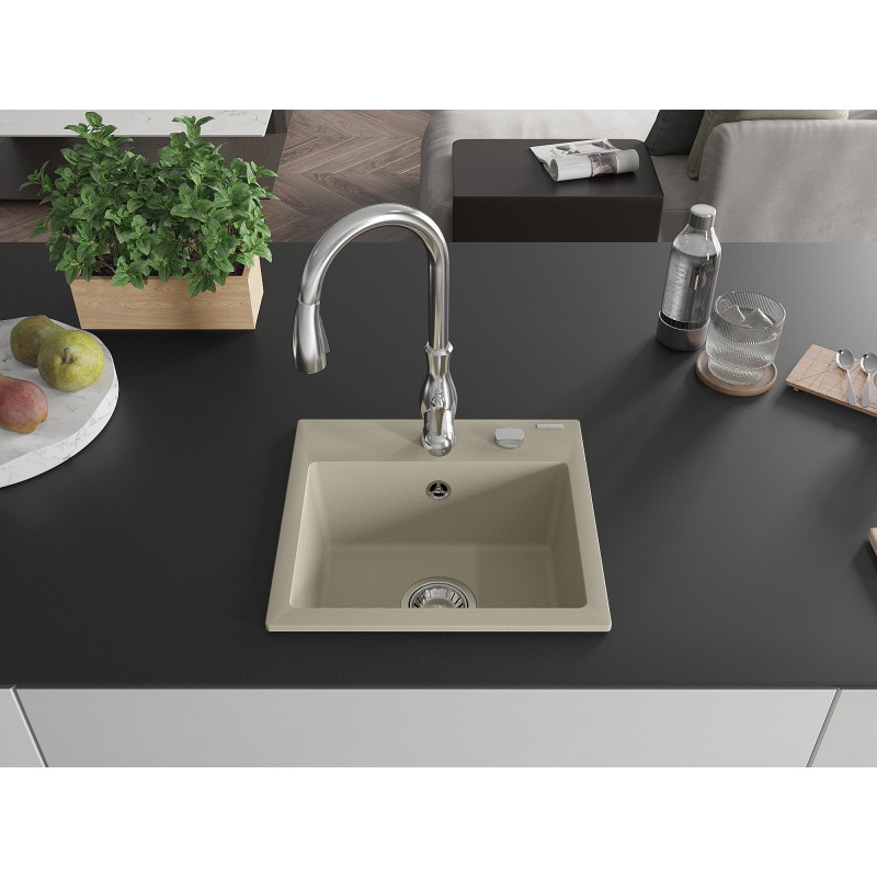 Mexen Milo 1-bowl granite kitchen sink with Savita kitchen faucet, beige - 6505-69-672601-00