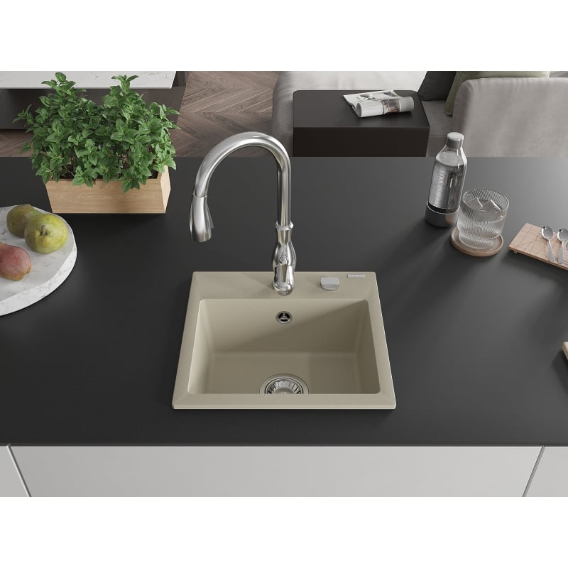 Mexen Milo granite sink 1-bowl with Savita kitchen faucet, beige - 6505-69-672601-00