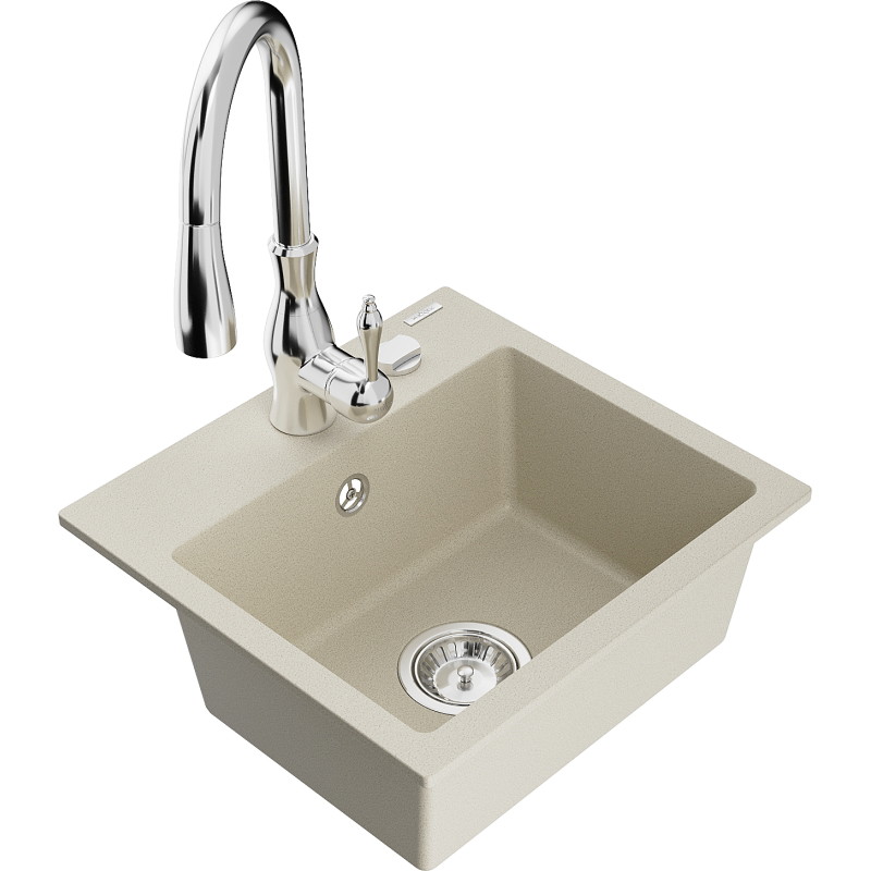 Mexen Milo 1-bowl granite kitchen sink with Savita kitchen faucet, beige - 6505-69-672601-00