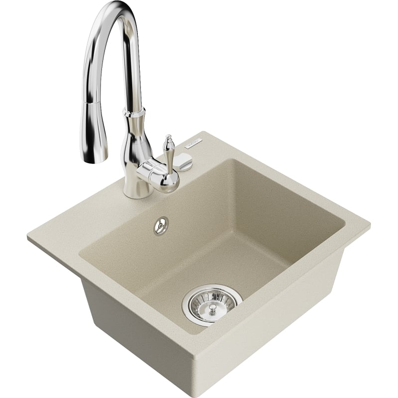 Mexen Milo granite sink 1-bowl with Savita kitchen faucet, beige - 6505-69-672601-00