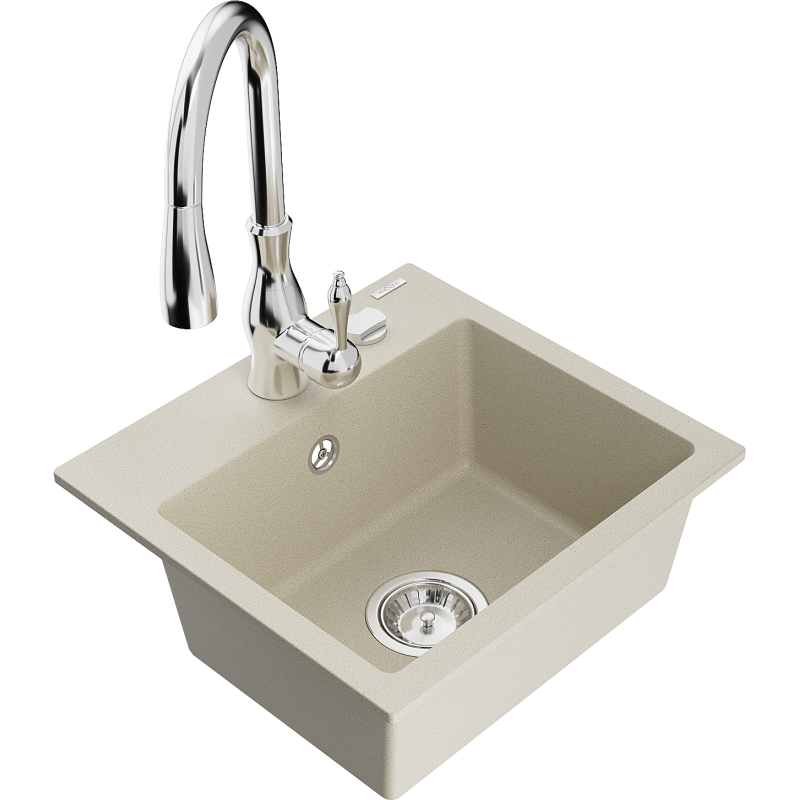 Mexen Milo single-bowl granite sink with Savita kitchen tap, beige - 6505-69-672601-00