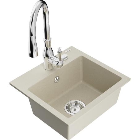 Mexen Milo 1-bowl granite kitchen sink with Savita kitchen faucet, beige - 6505-69-672601-00