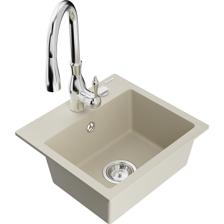 Mexen Milo granite sink 1-bowl with Savita kitchen faucet, beige - 6505-69-672601-00