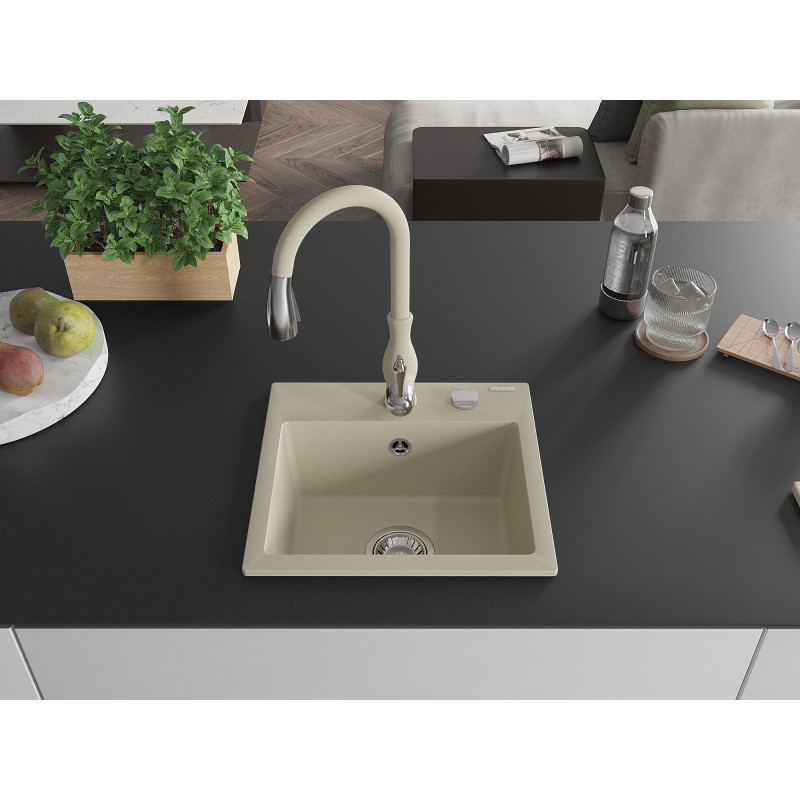 Mexen Milo 1-bowl granite sink with Savita kitchen faucet, beige - 6505-69-672601-69