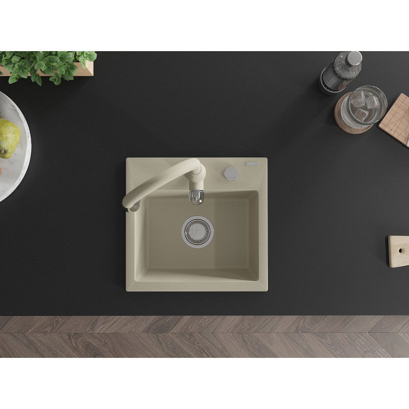 Mexen Milo granite sink with 1-bowl and Savita kitchen tap, beige - 6505-69-672601-69