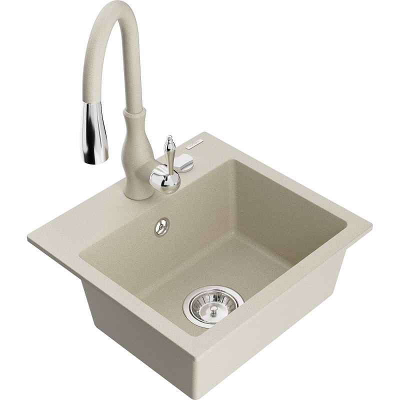 Mexen Milo 1-bowl granite sink with Savita kitchen faucet, beige - 6505-69-672601-69