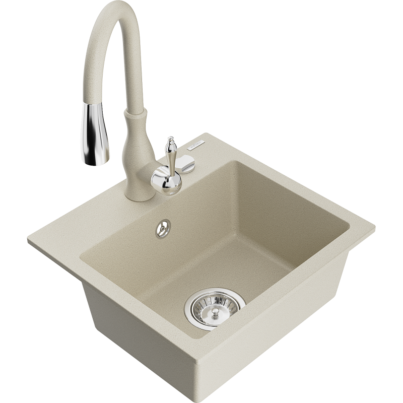Mexen Milo 1-compartment granite sink with a kitchen mixer tap Savita, Beige - 6505-69-672601-69