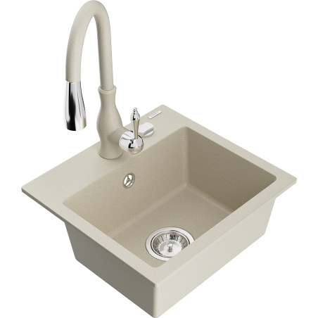 Mexen Milo 1-bowl granite sink with Savita kitchen faucet, beige - 6505-69-672601-69