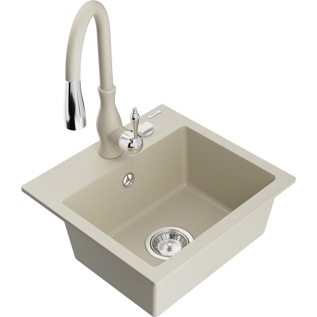 Mexen Milo granite sink with 1-bowl and Savita kitchen tap, beige - 6505-69-672601-69