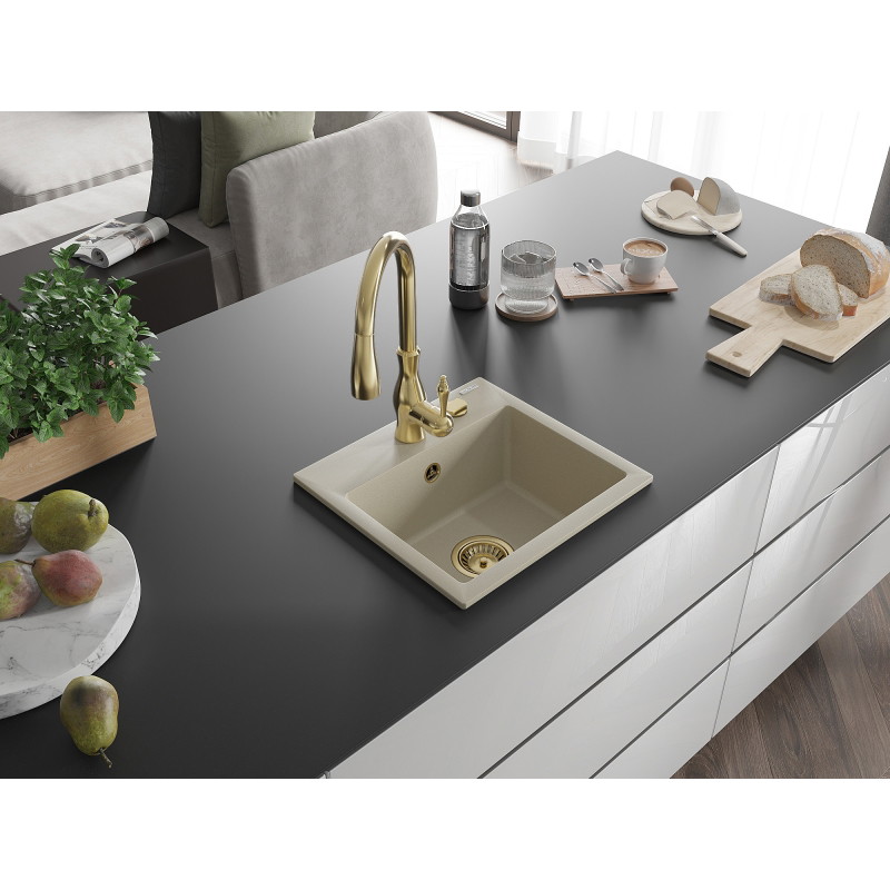 Mexen Milo granite single-bowl kitchen sink with Savita faucet, beige - 6505-69-672601-50